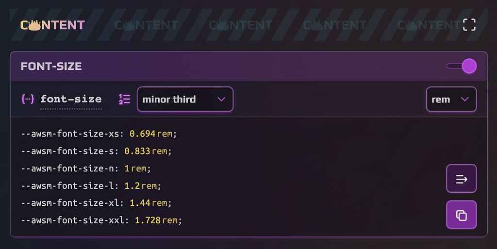 Screenshot of Design Tokens Generator app showcasing the Font Size Set interface and output