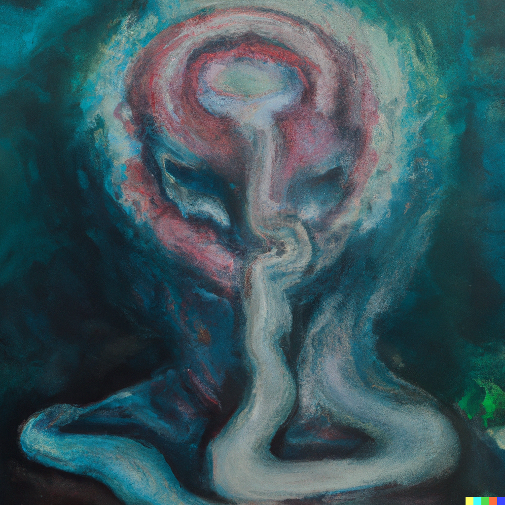 Abstract notion of hearing an Oracle in one’s mind, generated by DALL-E with prompt: “eerily hearing a whispering voice from the void, telling you what your next move should be, painted in oil as an abstract piece”