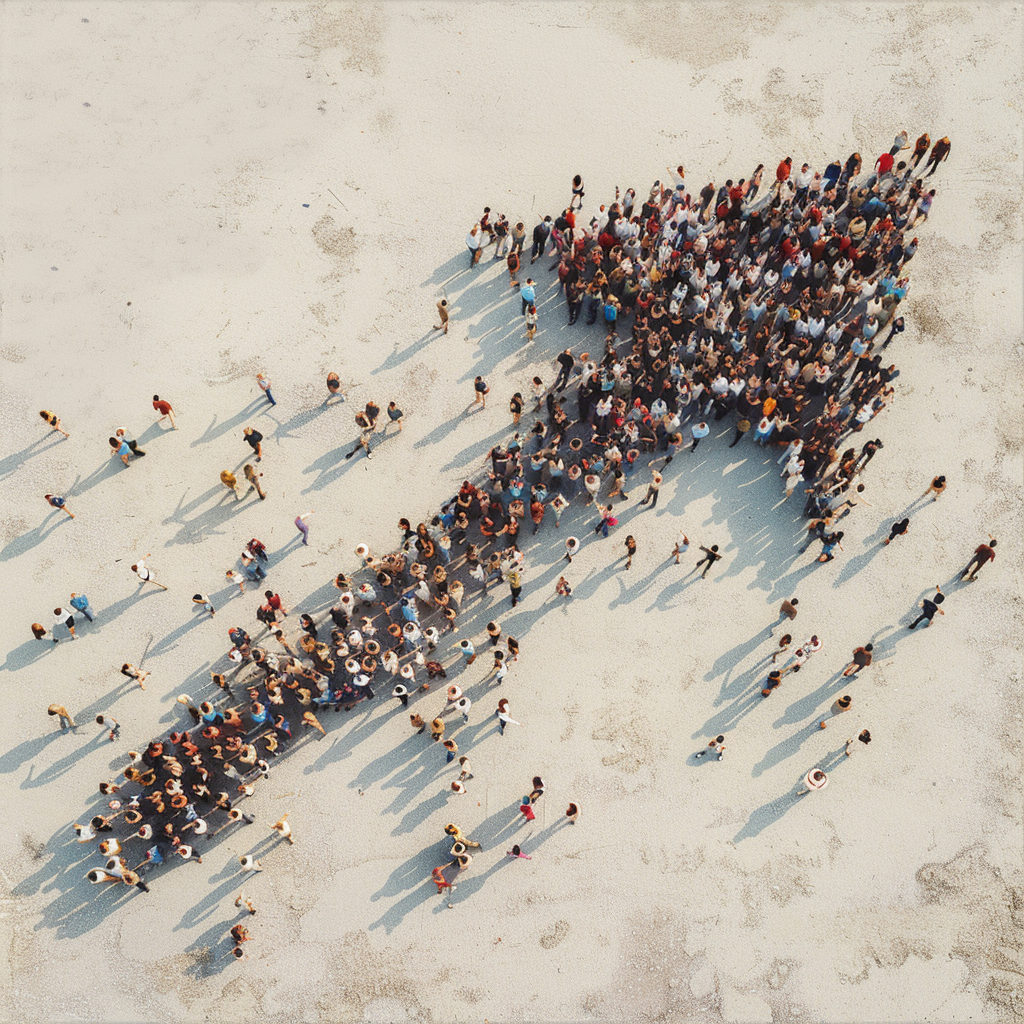 An illustration of a crowd of people seen from above slowly forming into the shape of an arrow pointing up and to the right.