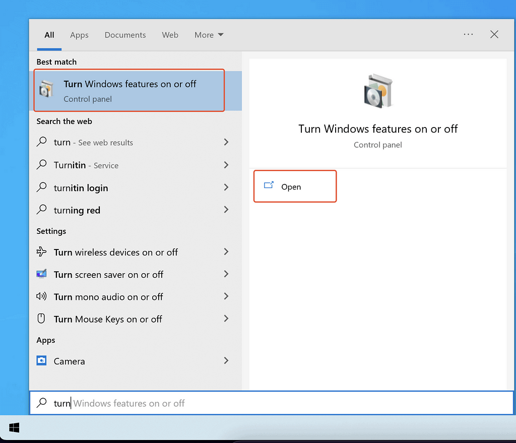 Open ‘Turn Windows features on or off’ on your Windows Computer
