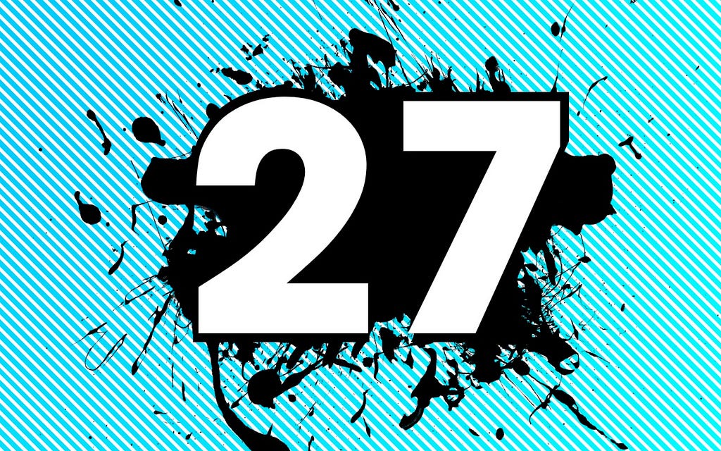 The number 27 in white on a blue background with a black splash around it