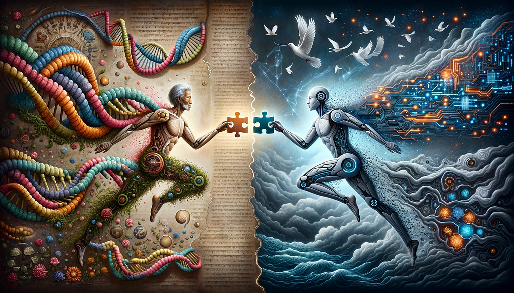 Wide illustration presenting a human male of Asian descent and a robot, both in symmetrical stances, each gripping a puzzle piece that seems destined to join. The human’s side is adorned with a majestic DNA helix, age-old scriptures, and a depiction of nature with flowing rivers and birds in flight, capturing the journey of human evolution. Oppositely, the robot’s side is illuminated with pulsating circuit patterns, streaming data, and floating algorithms, representing the AI’s evolutionary path