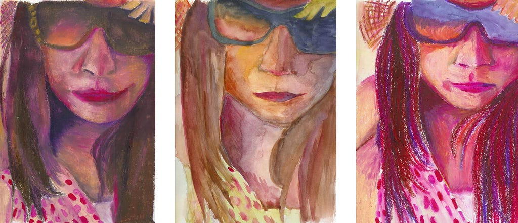 A triptych of three drawings of the same girl in a sundress and glasses. The drawing is composed in three different media.