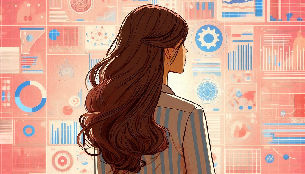 2D cartoon style image of a brown woman, with long brown hair and stats and maps for background