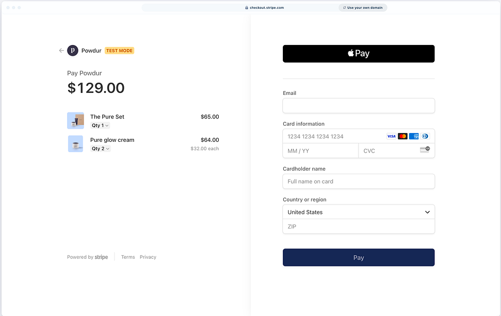 Stripe checkout page