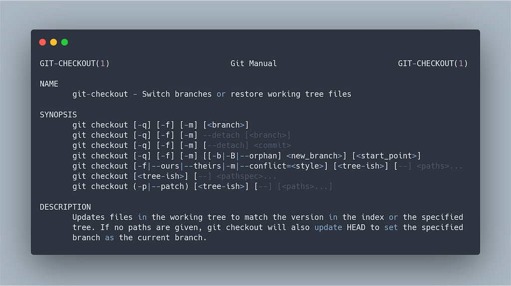 Beginning of the git-checkout man page.