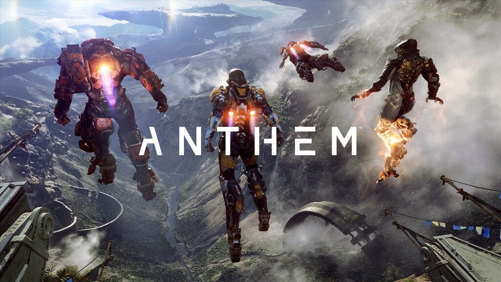 There are four flying space suits looking over a river valley. The word Anthem is written across the image
