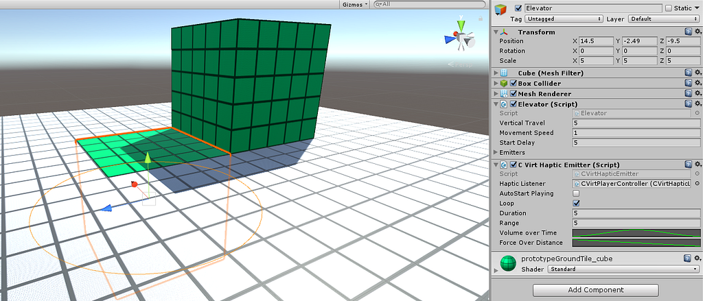 Screenshot of a Unity Project using the haptic functionality of the CybSDK