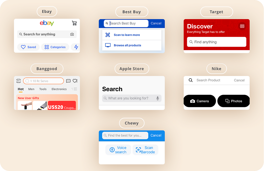 Search bars for Ebay, Best Buy, Target, Banggood, Apple Store, Nike, and Chewy. Shows mix of text, image, barcode, and voice