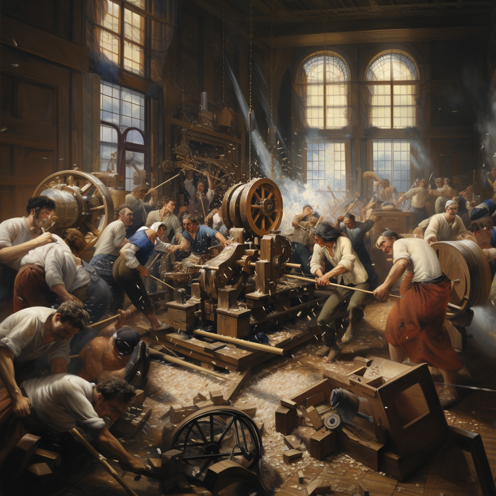 Luddites destroying cotton-spinning machines as re-imagined by Midjourney