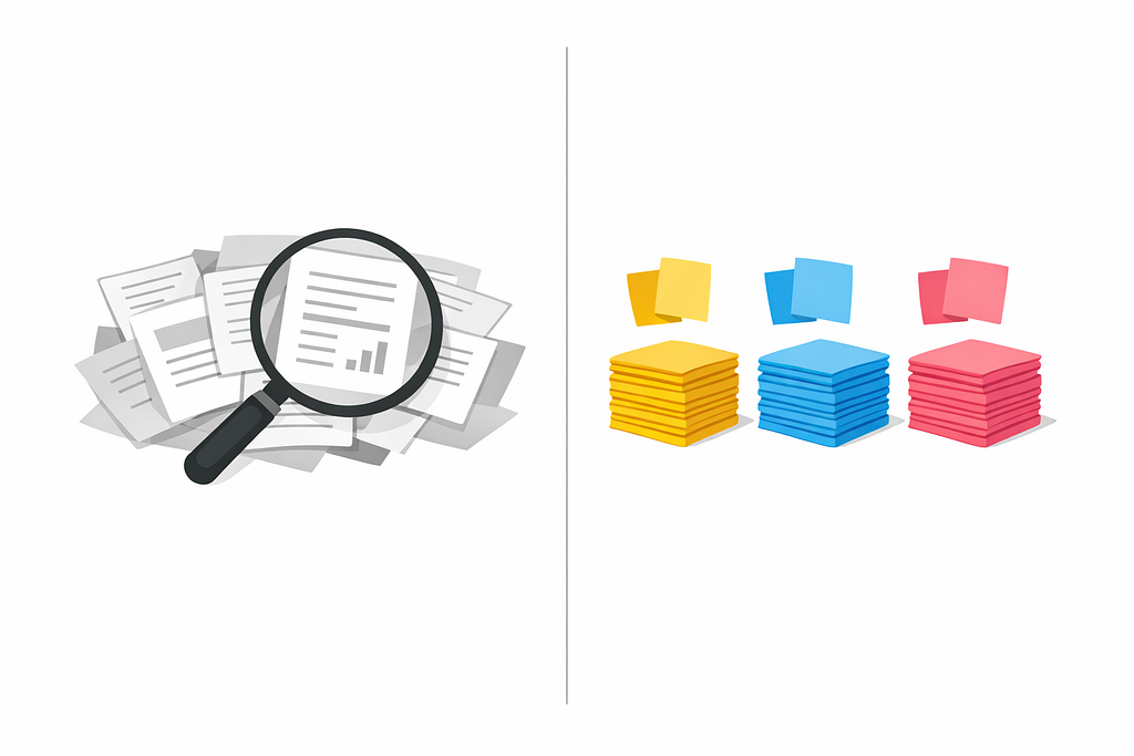 Split illustration. Left side shows a magnifying glass searching through documents, representing query-based retrieval. Right side shows documents organizing themselves into colored groups without any search mechanism. Anthony Menghi Mindlet https://www.mindlet.app