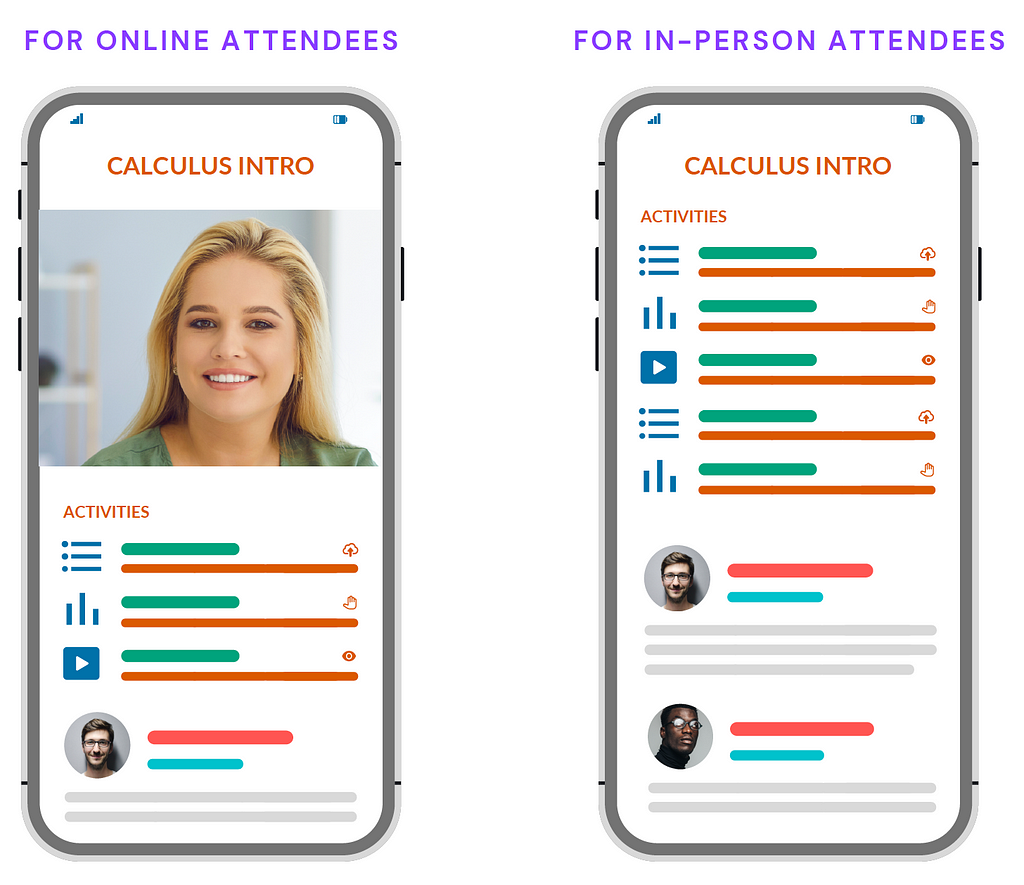 Image showing the Acadly experience for online and in-person attendees side-by-side
