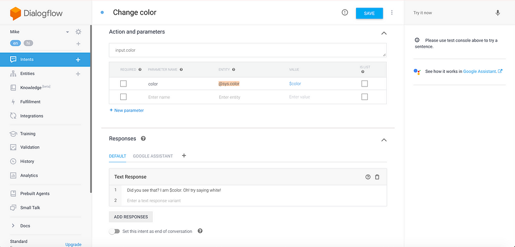 A screenshot of Dialogflow window showing change content intent