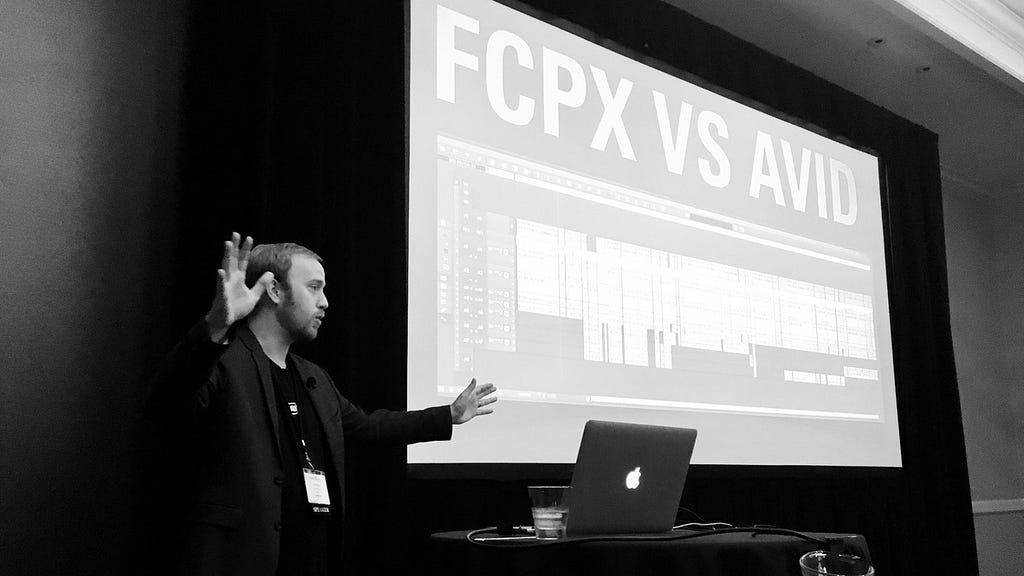 The author presents at the Final Cut Pro Creative Summit in Cupertino, California in 2017.