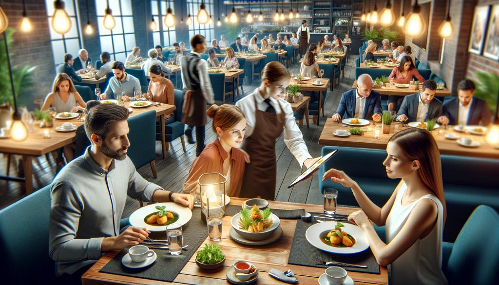 Restaurant guests and staff using a tablet to personalize the dining experience with AI technology.