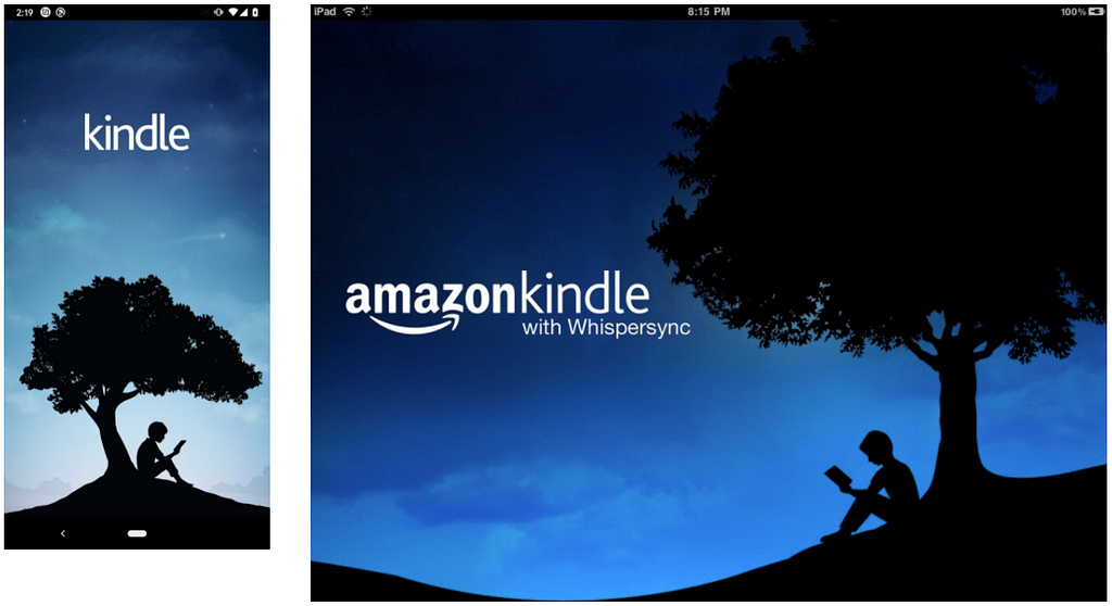 Screenshots of the Kindle app for phone and tablets, both showing a black silhouette of a child reading a book, sitting under a tree, with the text “kindle” over the darker part of the blue background.