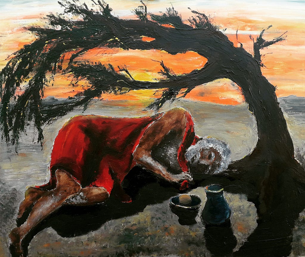 Painting of a man with dark brown skin and gray hair and beard sleeps on the ground underneath a small tree, with an orange sunset sky behind him and a bowl and pitcher in front of him.