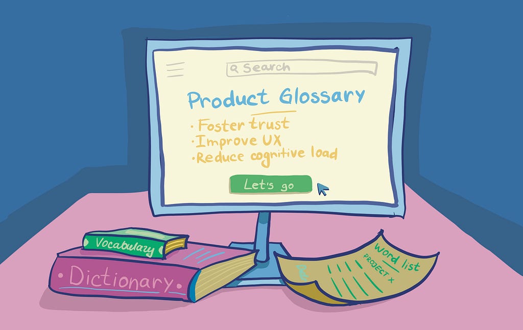 a picture of a monitor with a big button to open a product glossary, a dictionary, vocabulary laying next to the monitor on the table, and a sheet with a list of words