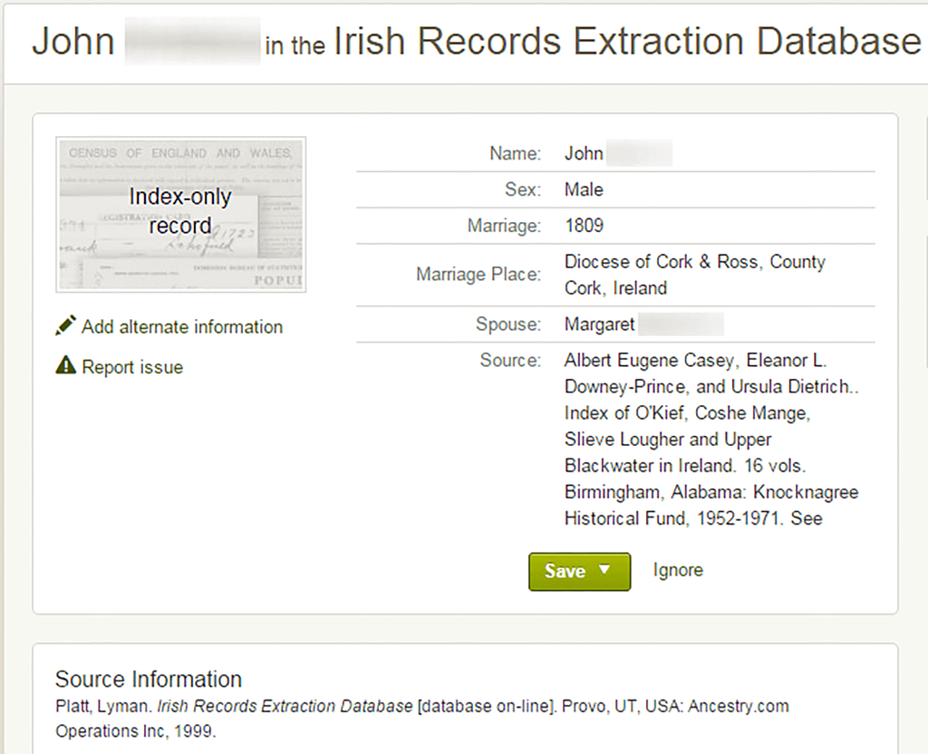 a screenshot of an example record for ancestory.com