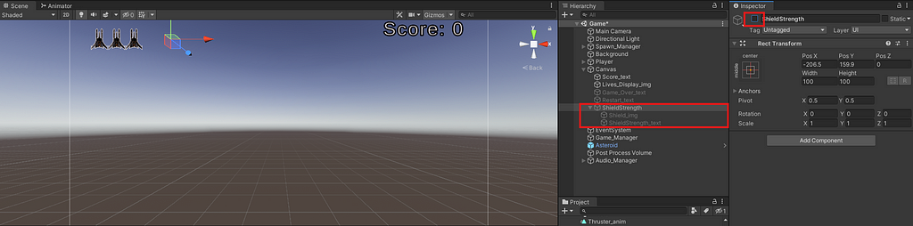 Screenshot of Unity displaying the ShieldStrength GameObject disabled.
