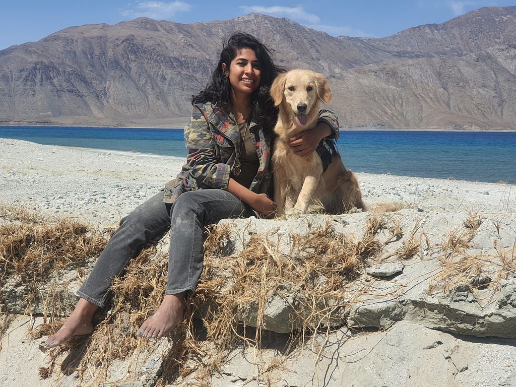 Alzu (my pet golden retriver) & I posing after a long day playing near Pangong Tso, Ladakh