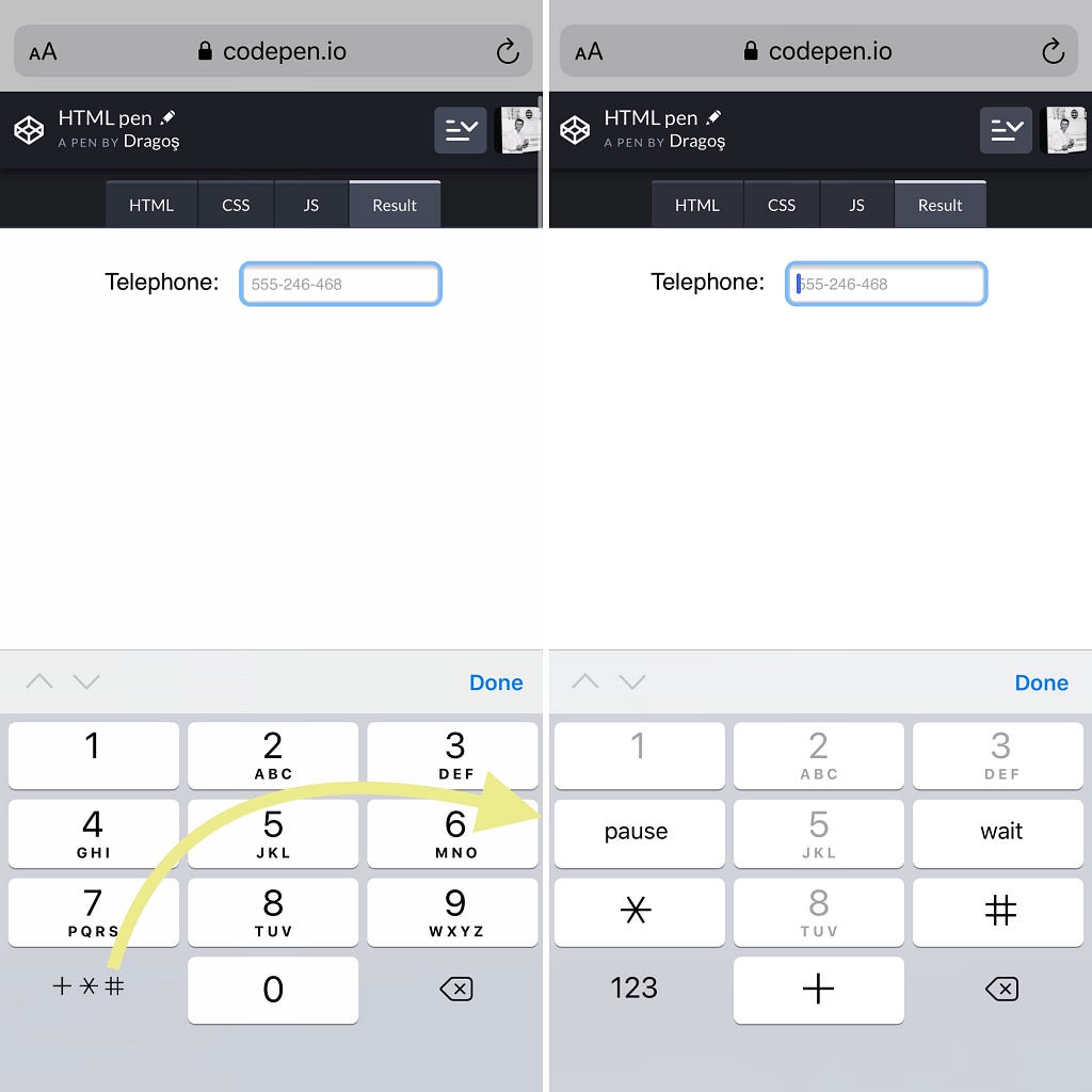 Side-by-side screenshots of the iOS on-screen telephone keyboard: the ‘+*#’ button triggering the T9 symbols keyboard