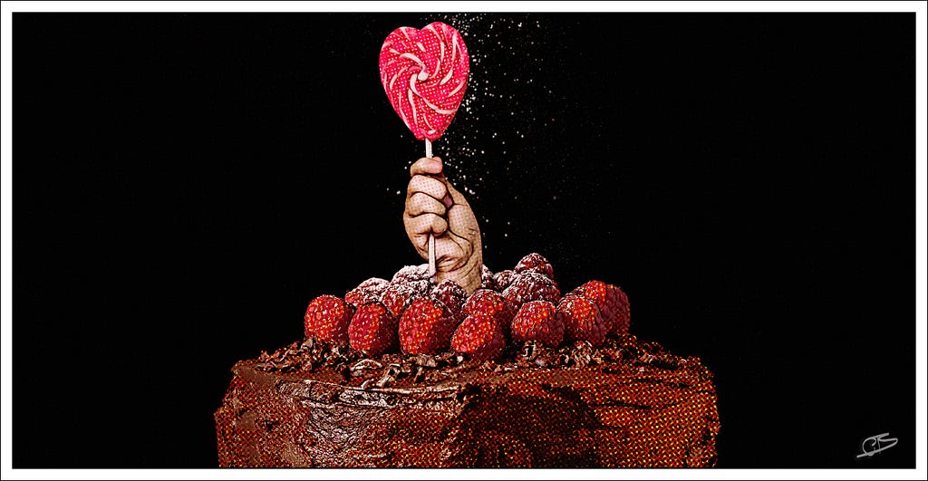 hand with lollilop rises from cake