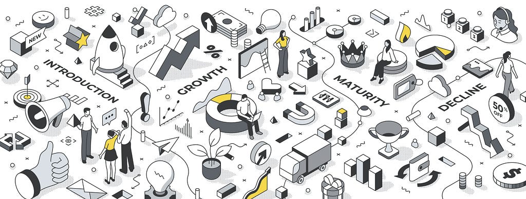 an isometric illustration of the evolution of business and product adoption with people interacting at the different stages.