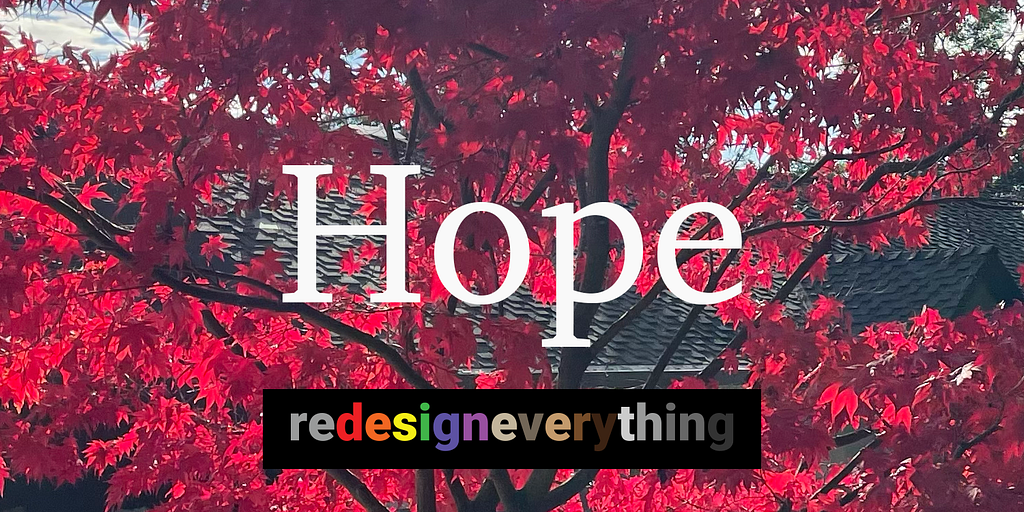 The image above is of a tree with the bright red leaves of fall in afternoon of sunshine. The word hope appears prominently and words Redesign Everything appear below in a rainbow of colors.