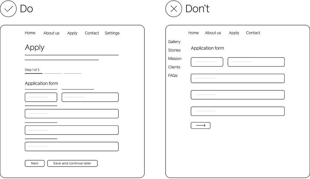 two mages of web page wireframes — Do and Don’t to illustrate the principles