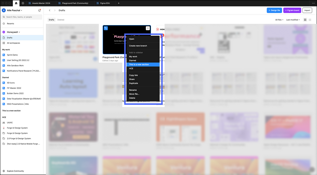 On the Figma home page highlighting where to click to add an individual file to a section on the sidebar