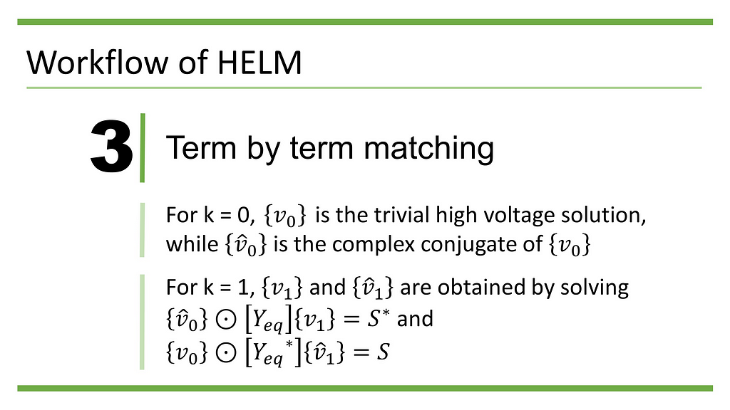 For k = 0, {v_0} is the trivial high voltage solution, while {v hat_0} is the complex conjugate of {v_0}. For k = 1, the corresponding coefficient on the right-hand-side of the power flow equation is {S}^{conjugate} and {S}, so {v_1} and {v hat_1} are obtained by solving {v hat_0} entrywise dot ([Y_eq] {v_1}) equals to {S}^{conjugate} and {v_0} entrywise dot ([Y_eq]^{conjugate} {v hat_1}) equals to {S}.