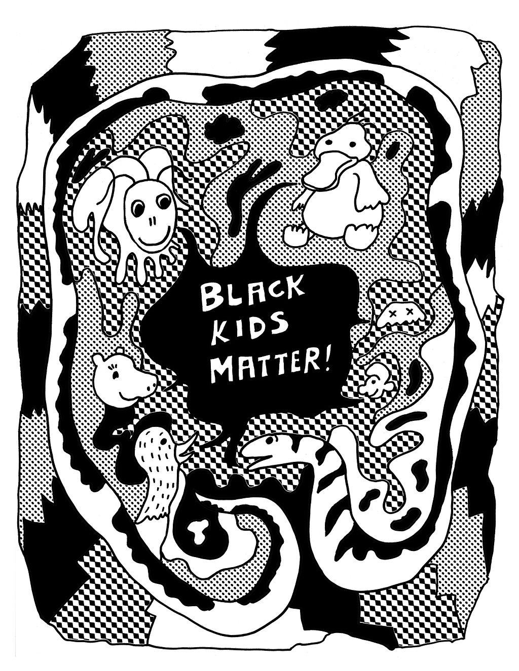 Half-tone drawing with text, “Black Kids Matter!”