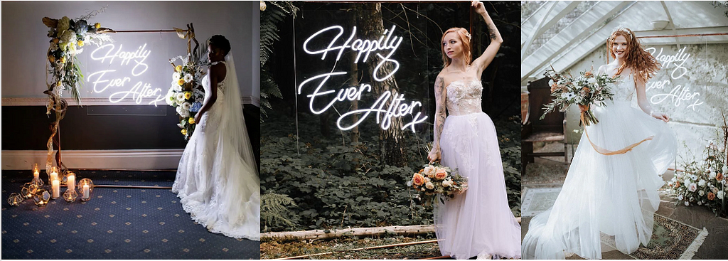Three pictures of brides posing beside a white neon sign that says “Happily Ever After”