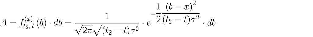 A = f_{t_2, \; t}^{(x)}\left( b \right) \cdot db = \dfrac{1}{\sqrt{2\pi}\sqrt{(t_2 — t)\sigma²}} \cdot e^{-\dfrac{1}{2}\dfrac{{\left( b-x \right)}²}{(t_2 — t)\sigma²}} \cdot db