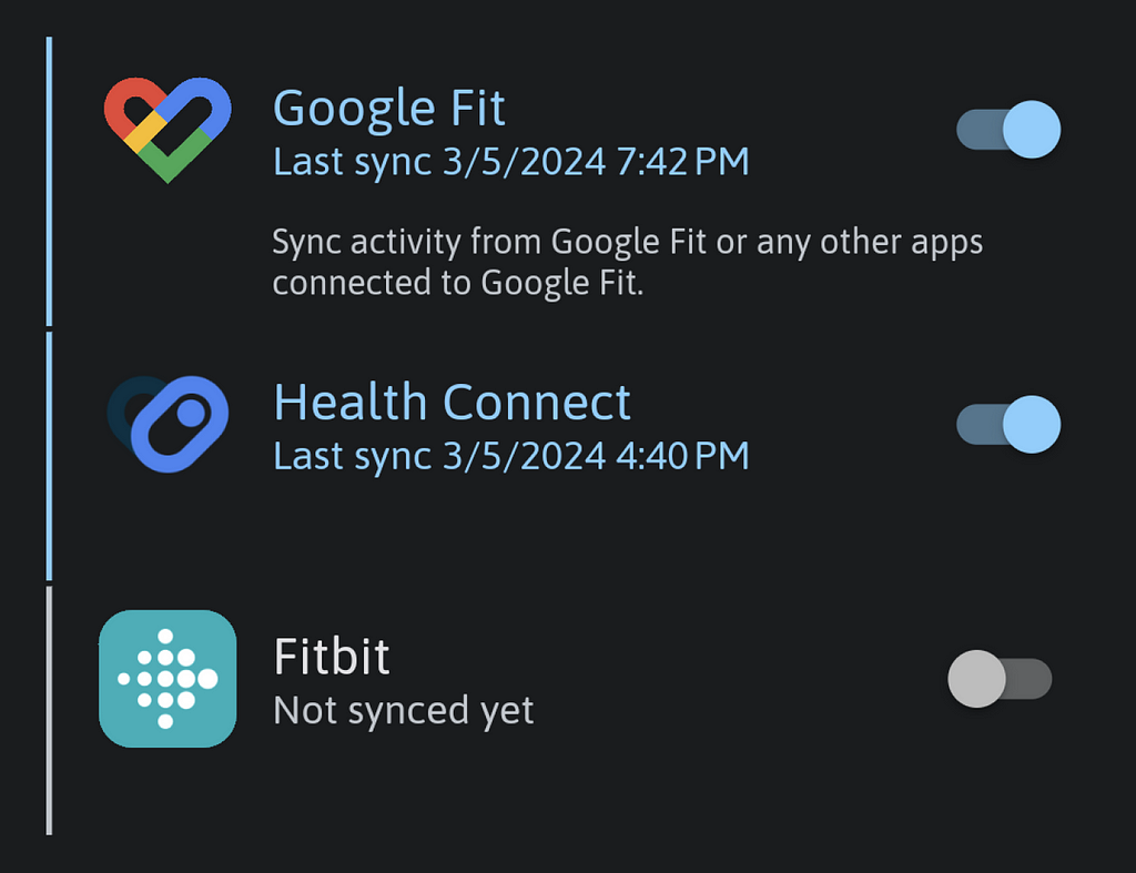 The image shows the Count.It trackers connection page, and the new inclusion of Health Connect by Android.