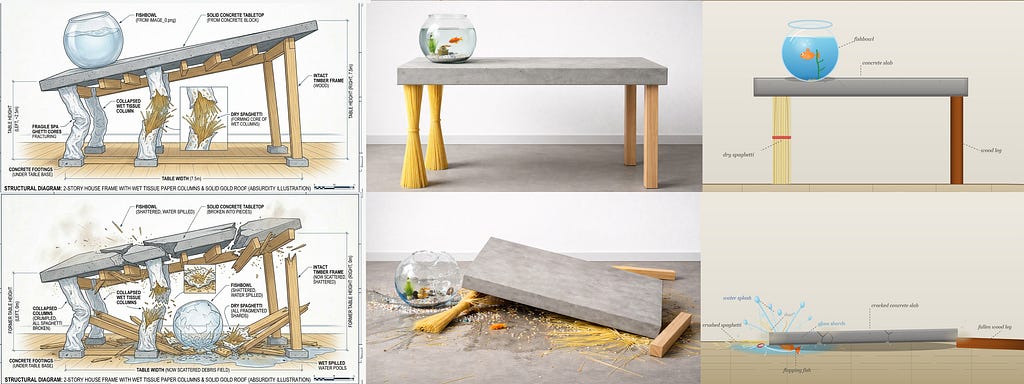 A six-panel comparative illustration arranged in two rows of three columns showing three AI systems — Gemini, ChatGPT, and Sonnet — responding to a prompt asking for a dining table with spaghetti legs before and after collapse. Top row, left: Gemini’s annotated structural diagram of the standing table with wet tissue paper columns, timber frame, and concrete slab, captioned “Structural Diagram: 2-Story House Frame with Wet Tissue Paper Columns and Solid Gold Roof (Absurdity Illustration).” Top r