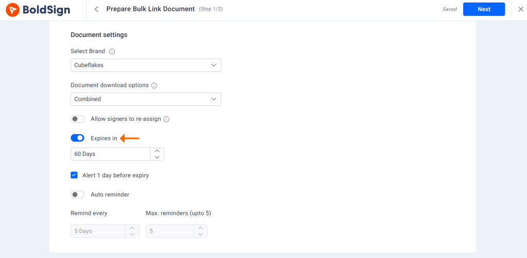 Expiration settings for bulk link document