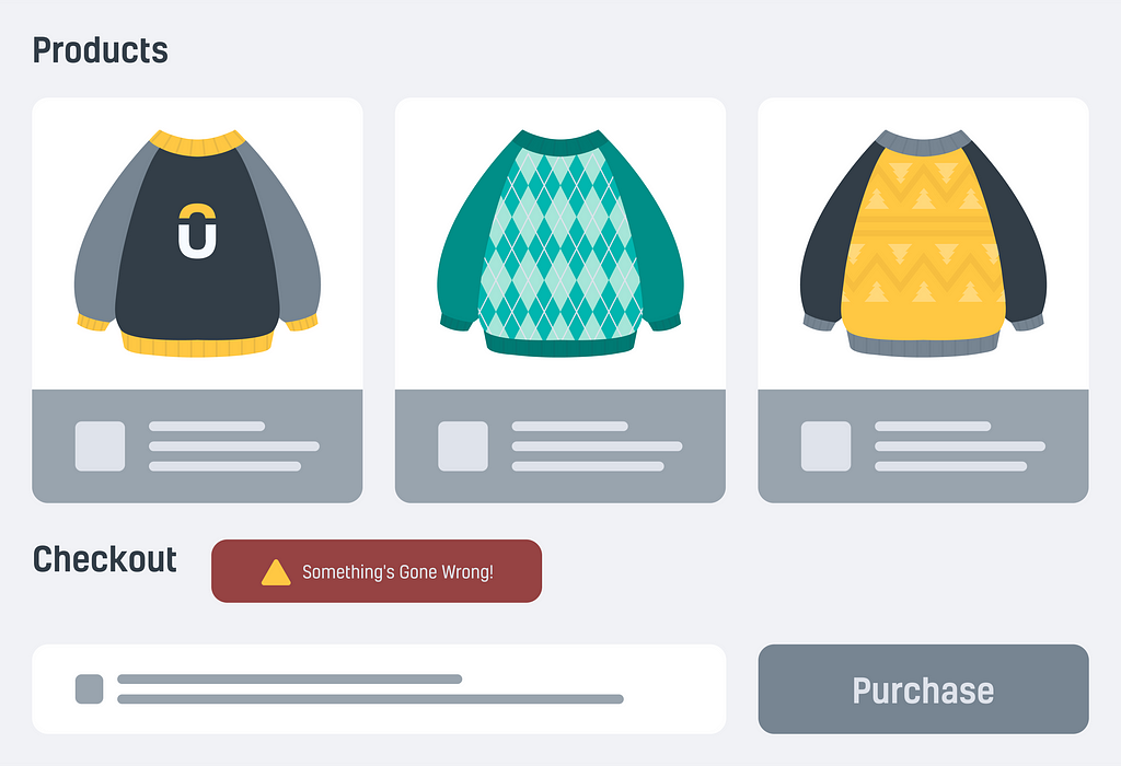 E-commerce page with three sweaters available. When an attempt is made to purchase a sweater an error message “Something’s Gone Wrong!” appears on the screen.