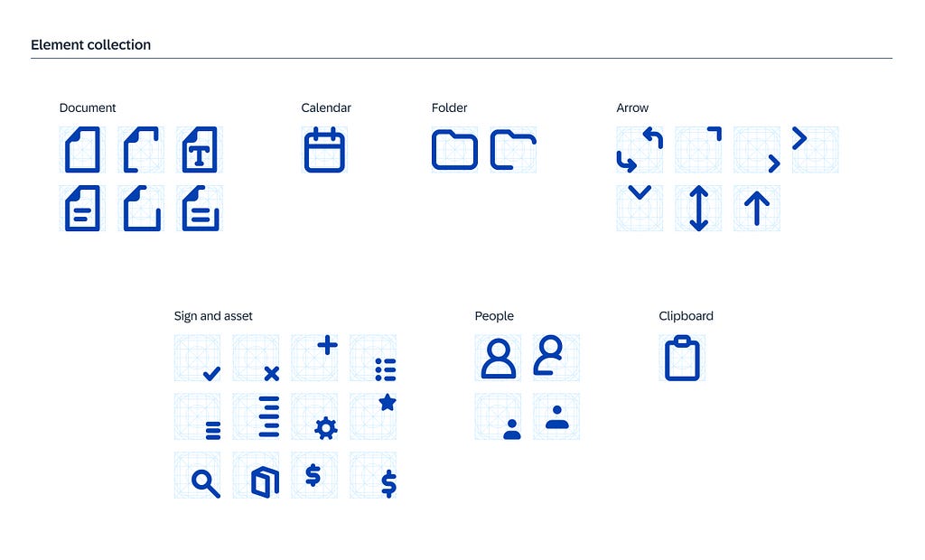 Collection of icons and elements categorized by document, calendar, folder, arrow, sign and asset, people and clipboard.