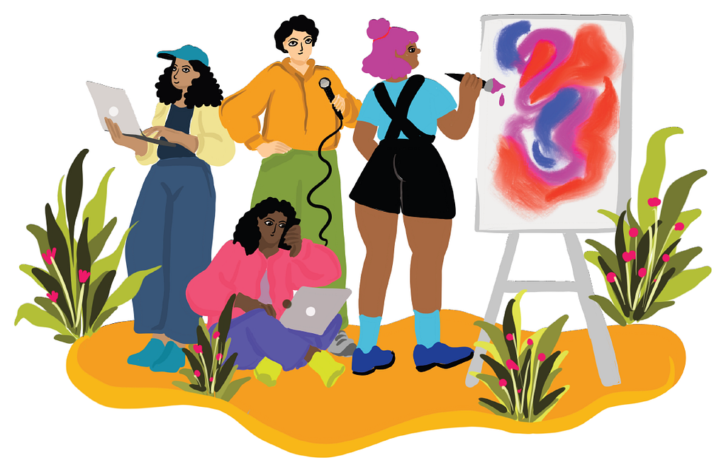 Colourful illustration of people creating (painting, speaking, working on a computer)