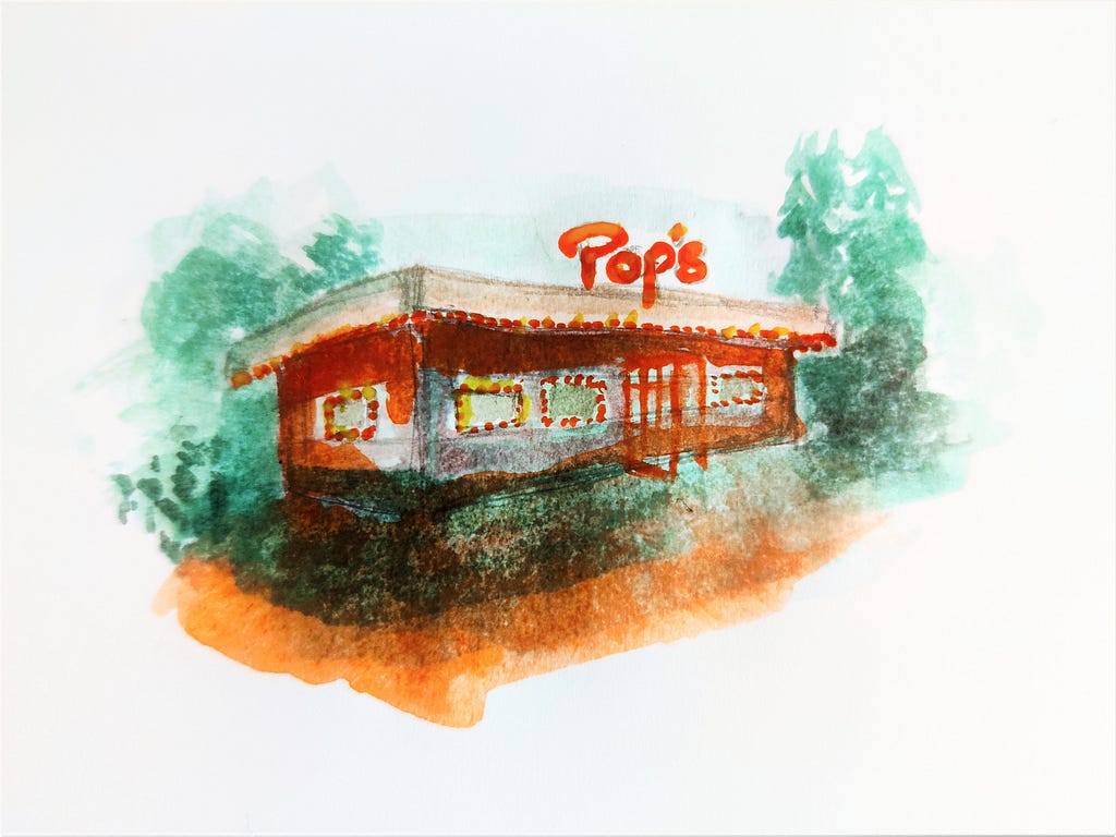 simple watercolour painting of Pop’s diner from Riverdale