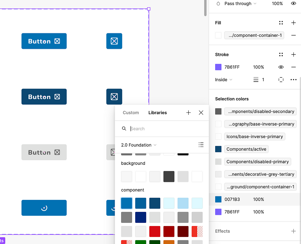 A button component set is selected in Figma, with a hex value in the design panel highlighted and the local variables menu open to choose a color variable for the selected hex value