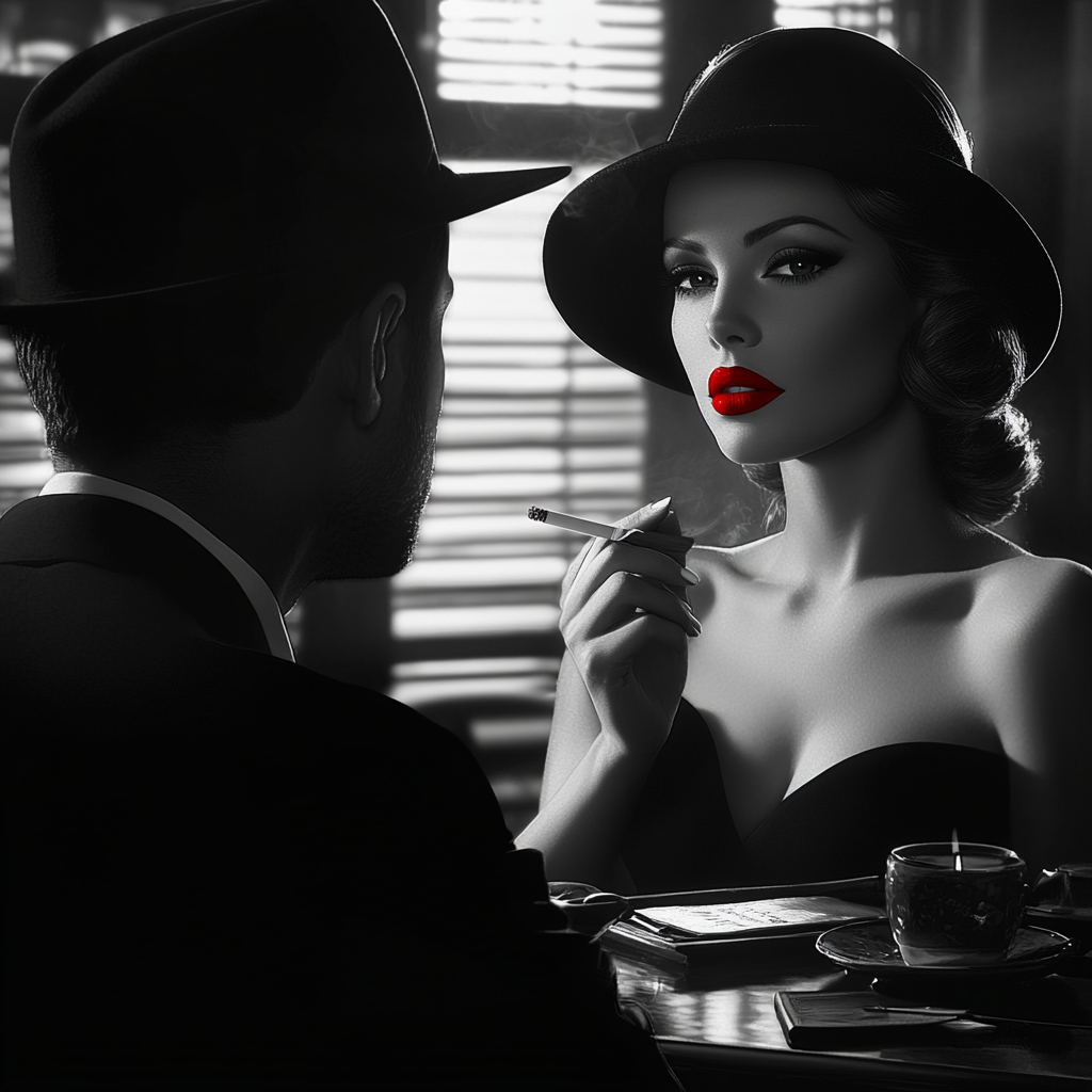 a black and white noir scene with a beautiful lady talking to a private detective