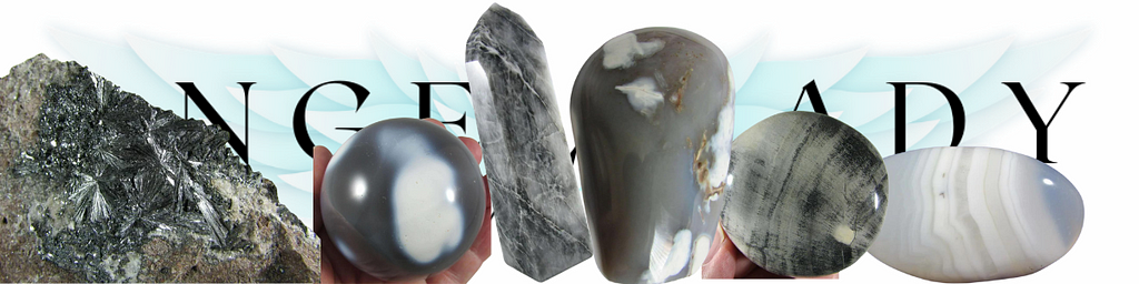 grey crystals, orca agate, grey white chalcedony, petrified wood