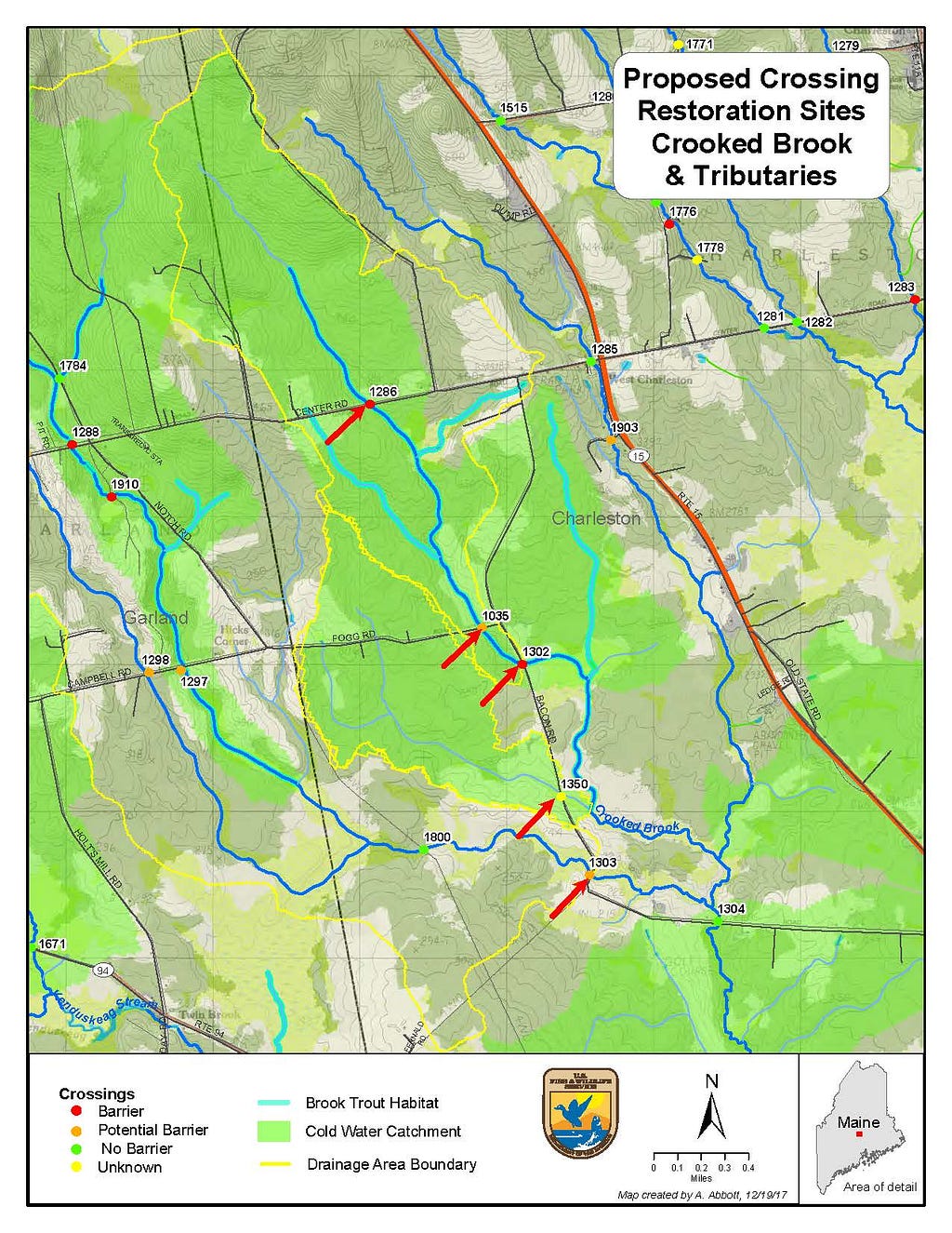 Map of Charleston, Maine, with arrows showing upgrade sites