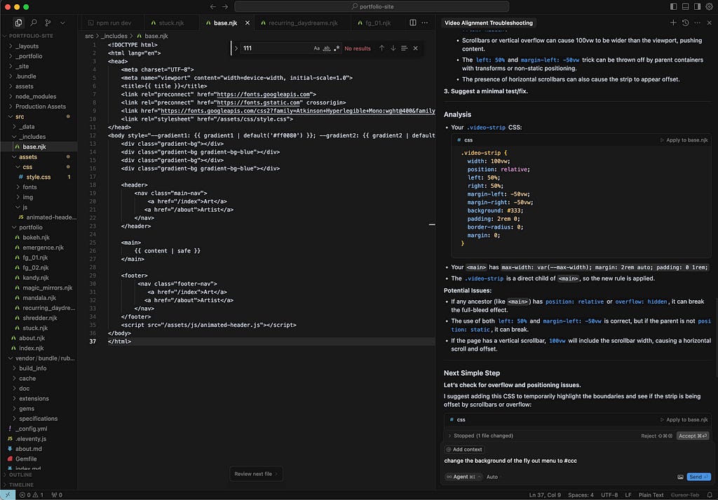 Screenshot of Cursor AI showing files at left, code in the centre and chat at the right.
