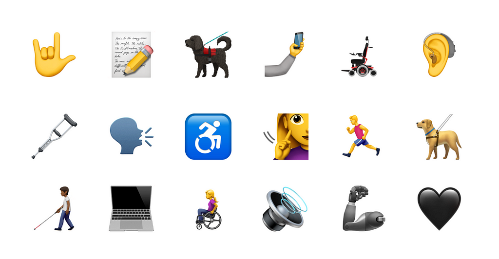Screenshot of 17 accessibility-focused emojis from Apple’s emoji keyboard, including service dogs, wheelchairs, and sign language, with a heart emoji.