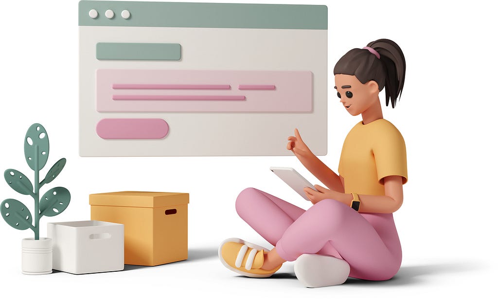 a woman illustration who is holding a tablet in her hands and boxes next to her