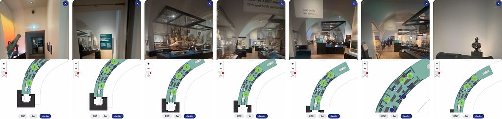 A series of images showing Marine Museum web app interface for museum navigation, displaying a visitor’s location on the map. The top half of each image gives a real-time view of museum exhibits, while the bottom half shows a corresponding stylized map indicating the visitor’s position, enabled by GEED image recognition technology.